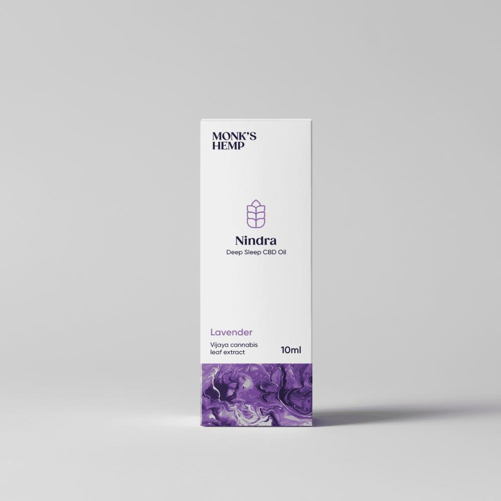 Product packaging for "Nindra Deep Sleep CBD Oil" by Monk's Hemp.
