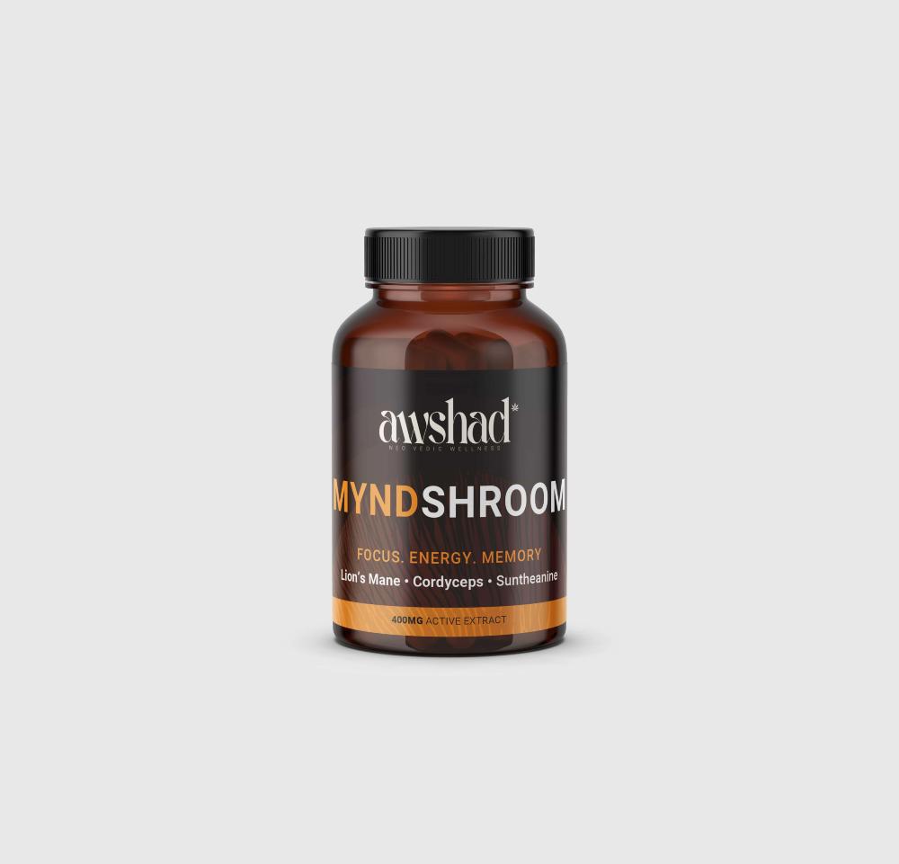 A supplement bottle labeled "AWSHAD MYNDSHROOM" for focus, energy, and memory with a white background.