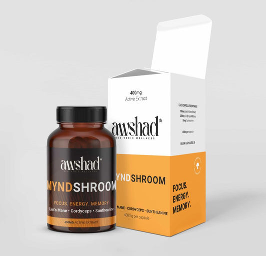 A supplement bottle and box labeled 'Awshad MYNDSHROOM' for focus, energy, and memory, by 'awshad Neovedic Wellness'.