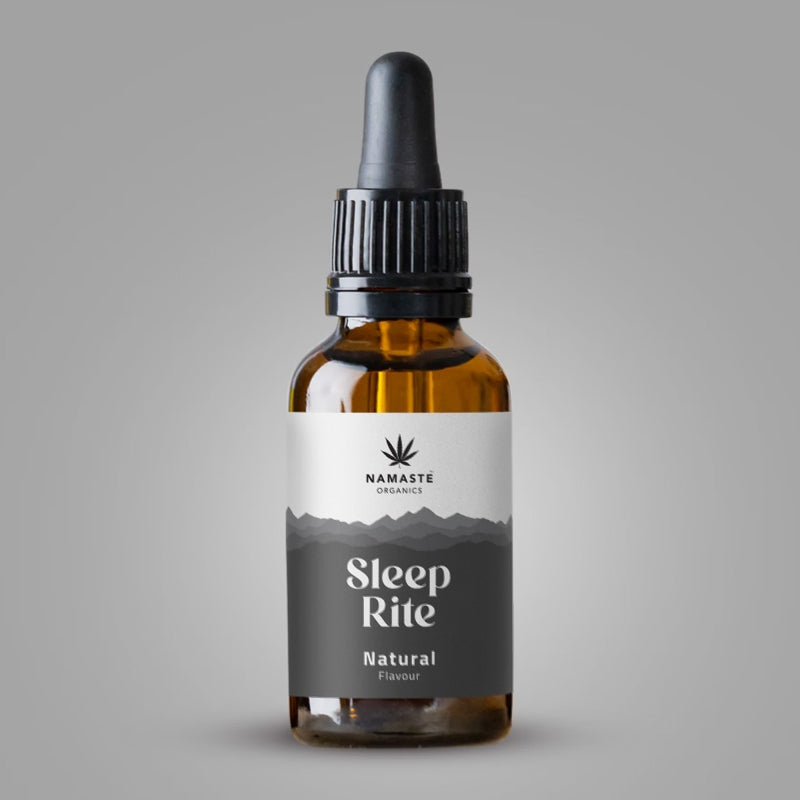 Bottle of Namaste Organics Full spectrum CBD Oil Sleep Rite on a gray background