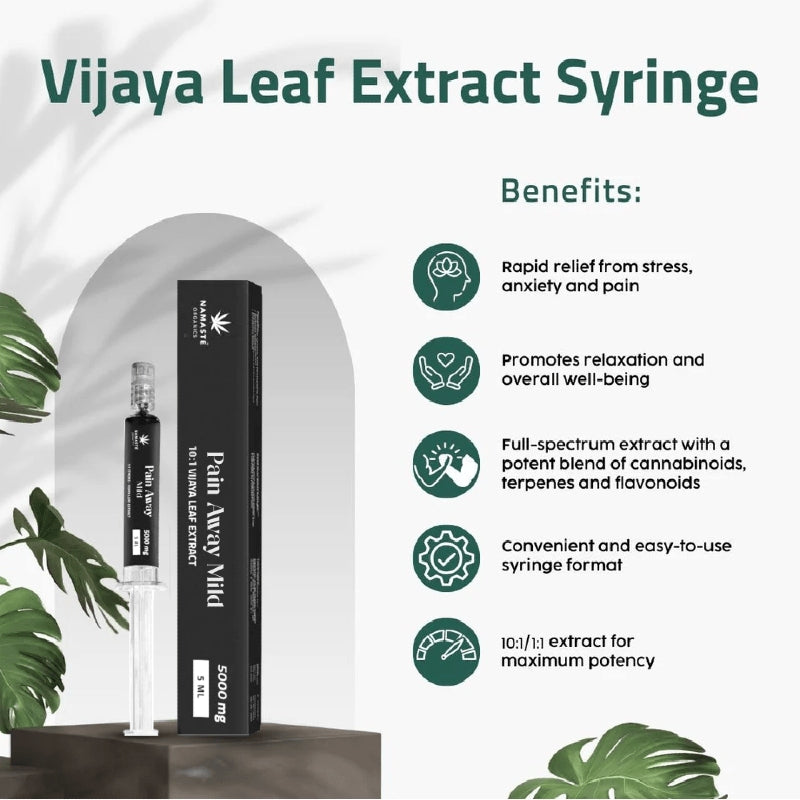 Vijaya Leaf Extract Syringe by Namaste Organics with benefits listed on a white background with green leaves.