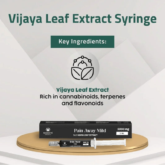 Vijaya Leaf Extract Syringe by Namaste Organics with key ingredients highlighted on a white background
