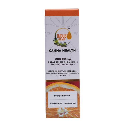 Indus Hemp Canna Health CBD product packaging with orange flavor on a white background