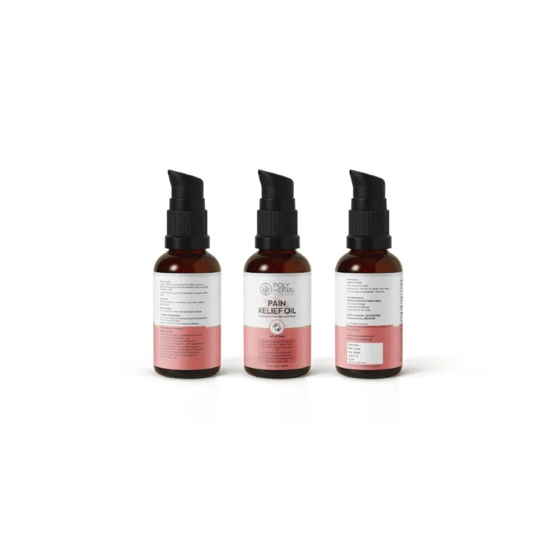 Three bottles of 'Pain Relief CBD Oil' on a white background