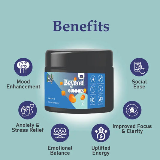 Jar of 'Beyond Gummies' with benefits listed on a light blue background