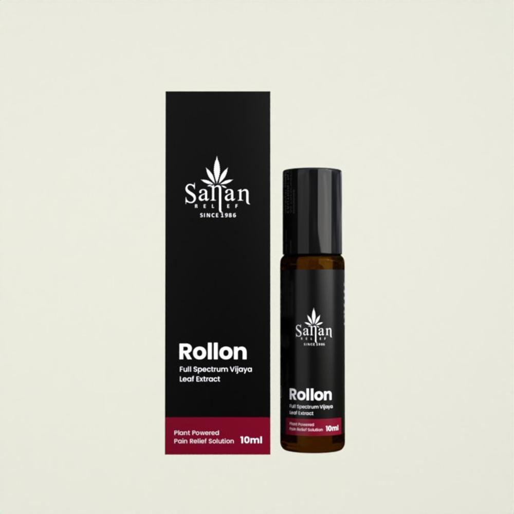 The image shows a black 10ml roll-on bottle with a white label, next to its packaging box. The label has text indicating the product is full-spectrum vijaya leaf extract for external use, 10ml in size, and provides relief from pain.