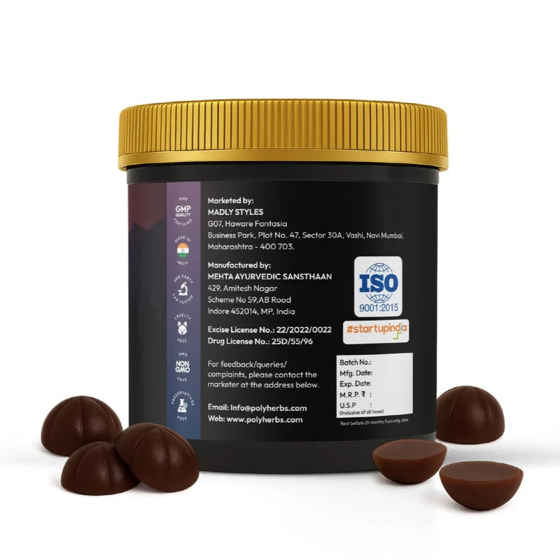 Black container with gold lid and chocolate-like CBD Gummies products on a white background