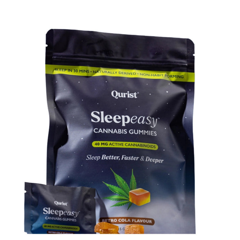 Packaging of Qurist Sleepeasy Cannabis Gummies with cannabis leaf and gummy illustration.