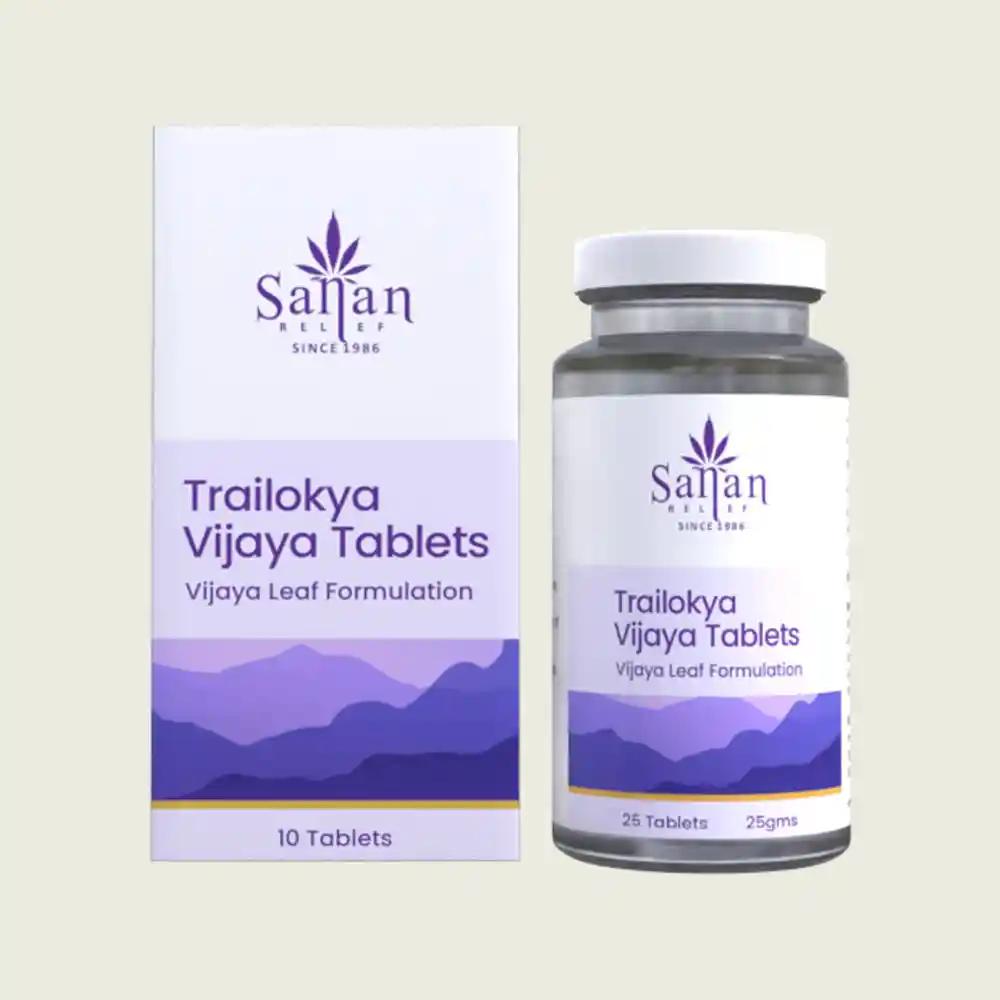 Box and bottle of Trailokya Vijaya CBD Tablets with purple leaf logo and purple mountain design.