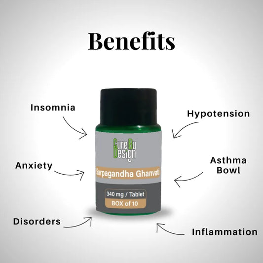 Bottle of 'Sarpagandha Ghanvati' with labeled benefits on a gray background