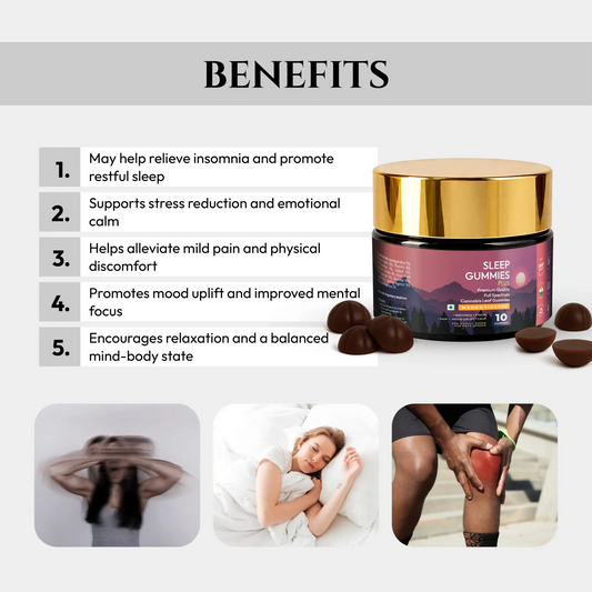 Sleep gummies jar with benefits listed on a white background