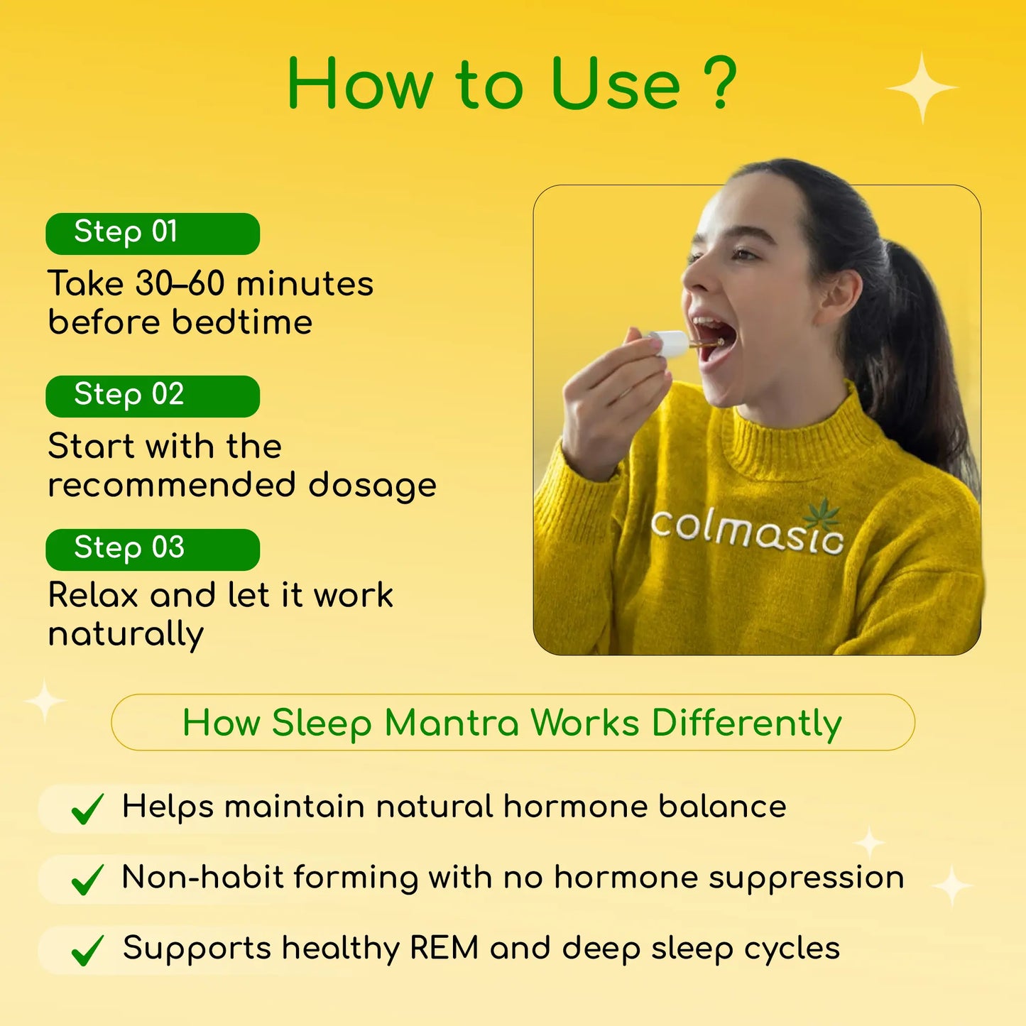 Person in a yellow Calmosis sweater using a product with text on how to use it and its benefits.