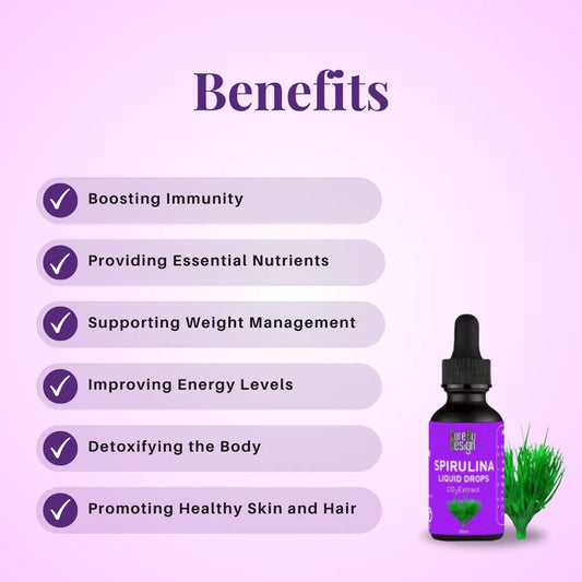 Spirulina liquid drops bottle with benefits listed on a purple background