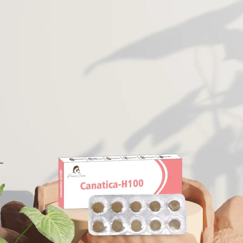 Medication box and blister pack of "Canatica-H100" by Paarmi Cares with tablets in a neutral background and some greenery.