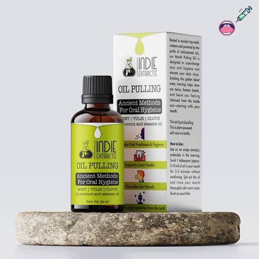 Indie Extracts oil pulling product with bottle and packaging on a light gray background