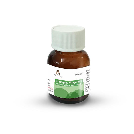 Brown bottle with white lid labeled "Paarmi Cares Trialoguea Vijaya Vati (Trailokya Vijaya Vati 125 mg)."