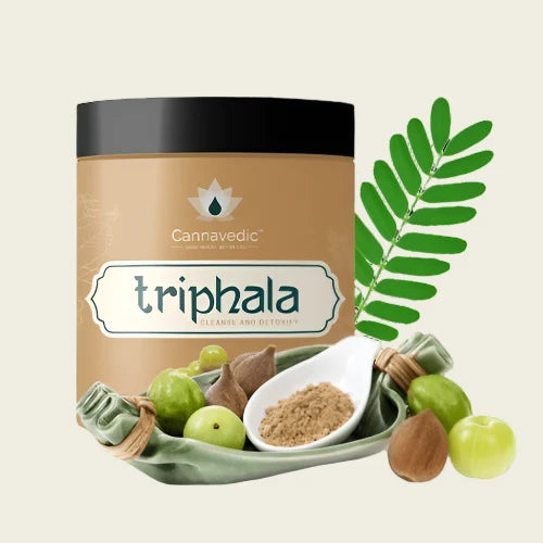 Cannavedic Triphala container with natural ingredients including whole dried fruits and a green leaf.