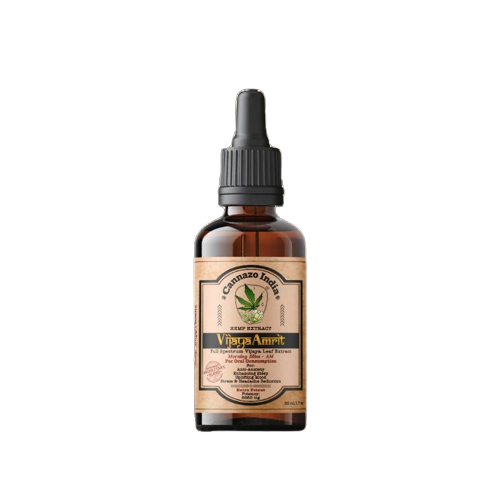 an amber color bootle of cannazo-vijaya-amrit-rich-cbd-oil-listed for sale-at-cbd-shop-of-india