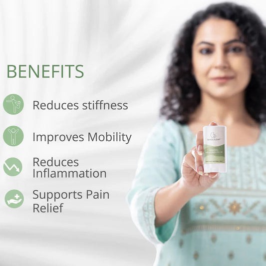 Woman holding a product with benefits listed on a white background