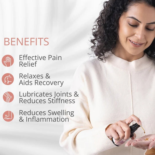 Woman applying cream with text highlighting benefits on a white background