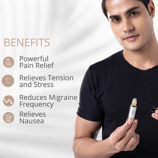 Man holding a small bottle with benefits listed on a light gray background