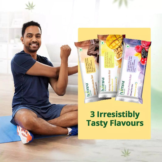 Man sitting on a yoga mat with protein bar packages and text about flavors.