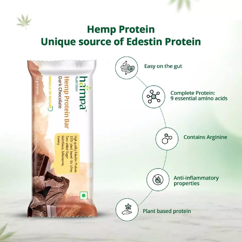 Hemp Protein Bar packaging with features listed on a light green background