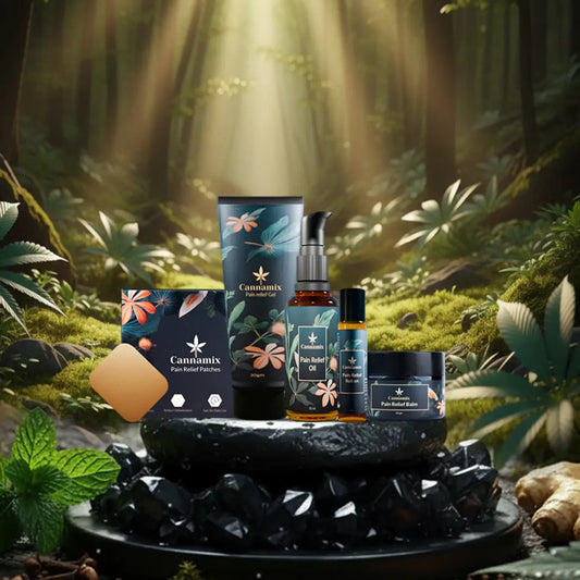 cannamix-complete-pain-relief-combo contains cannamix pain relief gel, pain balm, pain relief roll-on, pain relief patches.