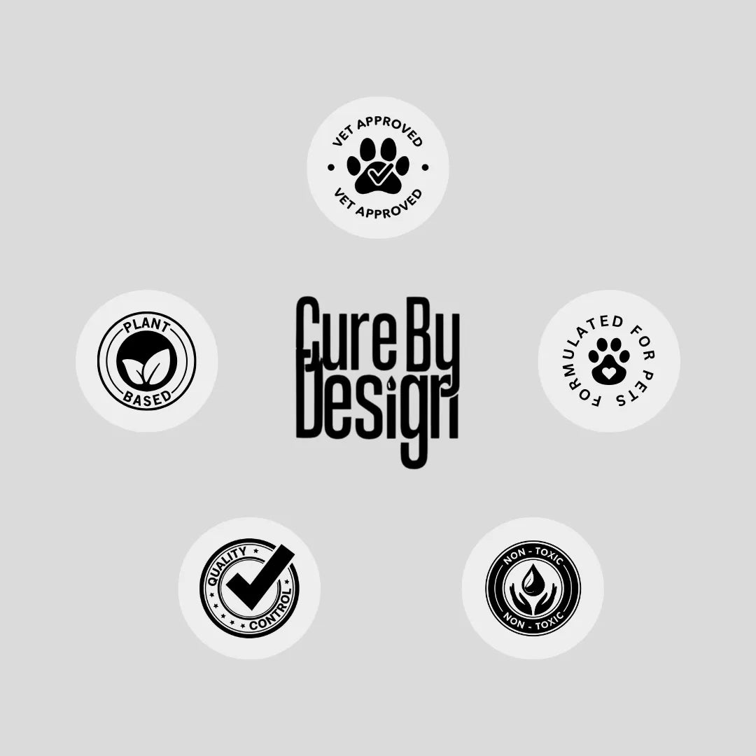 Cure By Design logo with certification icons on a gray background