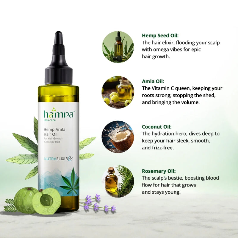 Hemp Amla Hair Oil bottle with ingredients listed on a light background