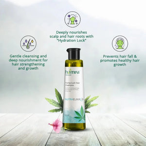 Hampa Wellness Hair Shampoo: A plastic bottle of Hampa Wellness Hair Shampoo with a flip-top cap, showcasing the product's branding and key ingredients, found at CBD Shop of India online store.