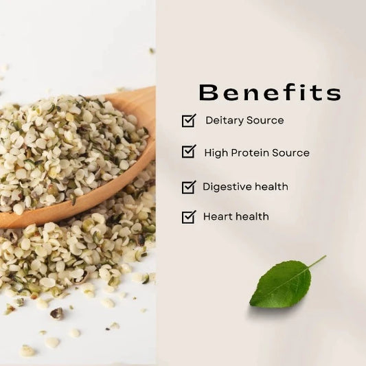 hemp hearts in a wooden spoon, and benefits listed on right side.
