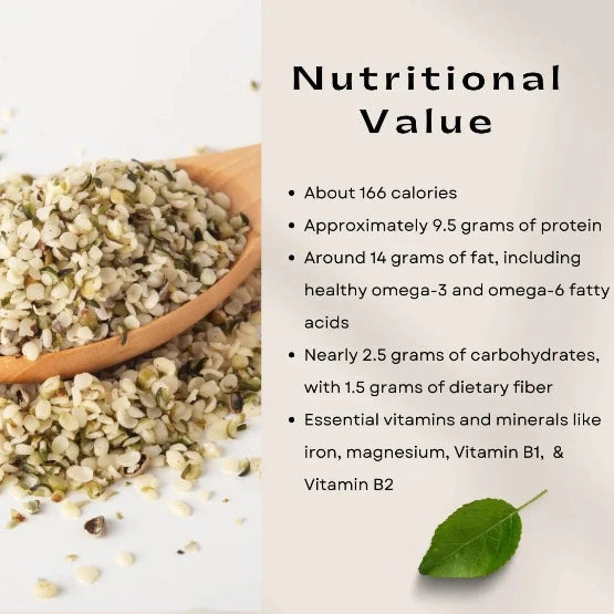 heamp hearts on a wooden spoon and nutritonal value listed on right side.