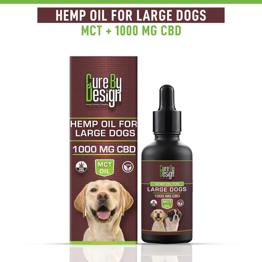 Cure By Design hemp oil for large dogs with bottle and packaging on a white background