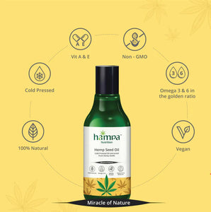 Hampa Wellness Hemp Seed Oil: An eco-friendly glass bottle of Hampa Wellness Hemp Seed Oil, sealed with a dropper cap to regulate the oil's dispensing, found at CBD Shop of India online store
