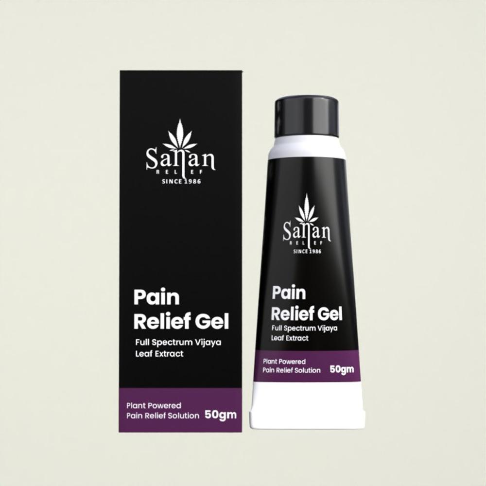 The image shows a black and white packaging of Sanan Pain Relief Gel with a 50 ml volume indicator. The packaging is designed with text and a graphic of a plant, indicating it is a pain relief gel with full spectrum Vijaya leaf extract.