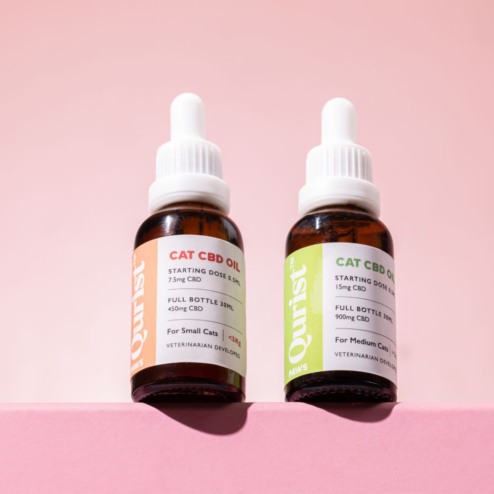 Two amber dropper bottles of cat CBD oil with peach and green labels on a pink surface.