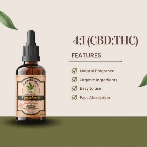 Features and an amber color bootle of cannazo-vijaya-amrit-rich-cbd-dominant-oil-listed for sale-at-cbd-shop-of-india