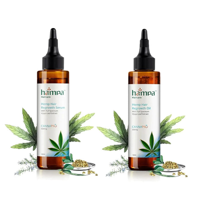 Hampa Wellness Hair Regrowth Oil and Serum: A duo pack including Hampa Wellness Hair Regrowth Oil and Serum, presented in a coordinated box with usage instructions, found at CBD Shop of India online store.
