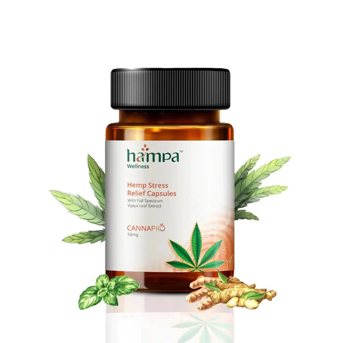 Hampa Wellness Stress Relief Capsules: A container of Hampa Wellness Stress Relief Capsules, a plastic bottle with a secure screw-on lid, available at CBD Shop of India online store.