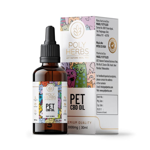 PolyHerbs Pet CBD Oil 30ml and 3000 mg strength,  product 30 ml Bottle with package box listed at cbd shop of india online store