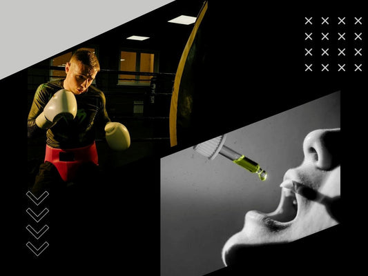 A boxer in a ring and a dropper above an open mouth, divided by geometric designs.