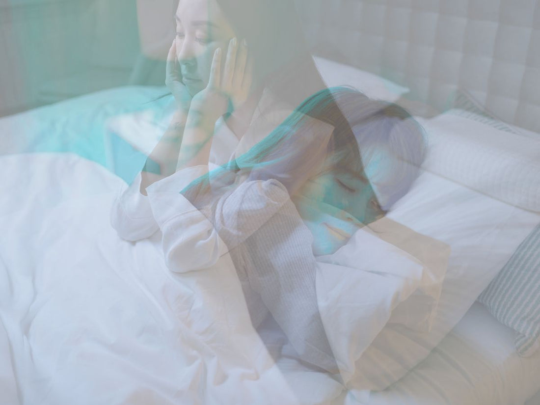 Overlay of a person sitting and sleeping on a bed, creating a dreamy effect.