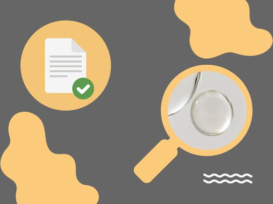 Yellow circle with document icon and check mark next to magnifying glass highlighting transparent bubbles on gray background with abstract shapes.