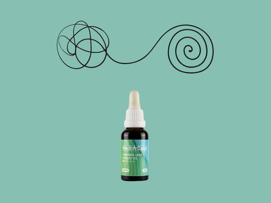 Dropper bottle with tangled and spiral lines above it on a blue-green background.