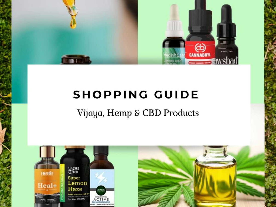 Collage of Vijaya, Hemp, and CBD product bottles with a white "Shopping Guide" text in the center.