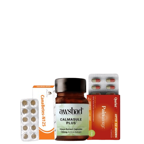 Alt-Text: Sarpagandha Ghan Vati packaging with a box, bottle, and tablet blister pack.