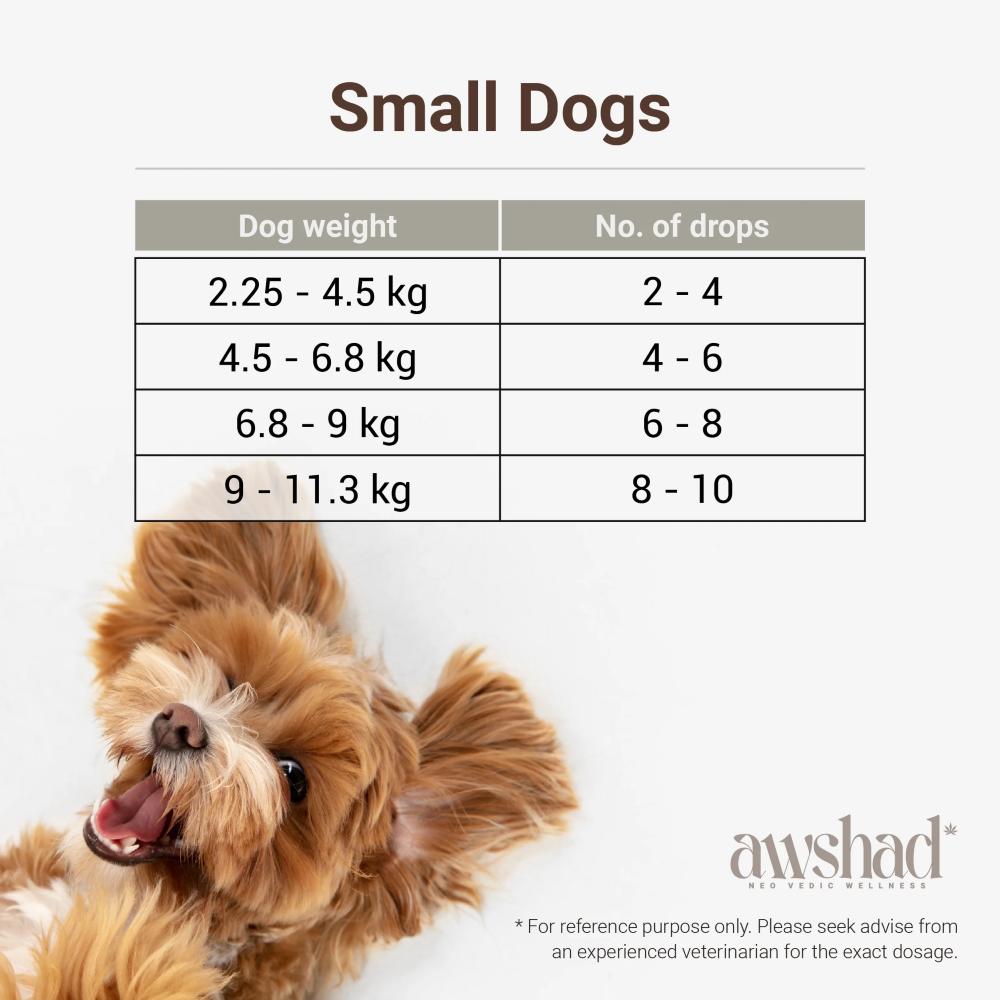 Chart for small dog  CBD Oil dosage by weight with a happy dog in the corner and a disclaimer below.