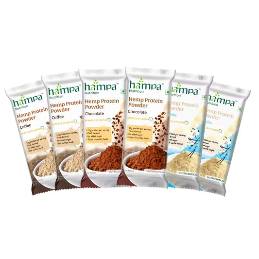 Hemp protein powder packages from hampa on a white background