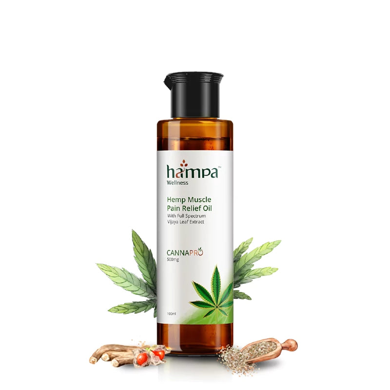 Hampa Hemp Muscle Pain Relief Oil bottle with cannabis leaves on a white background